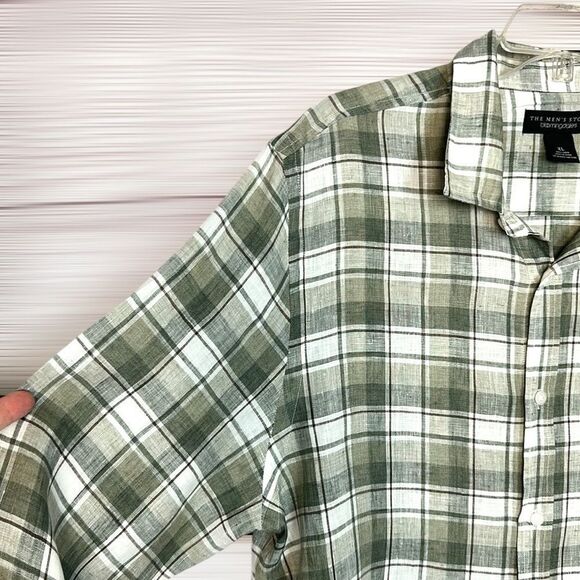 The Men’s Store Bloomingdale’s Linen Shirt Button Up Long Sleeve Green Plaid XL - Picture 5 of 9